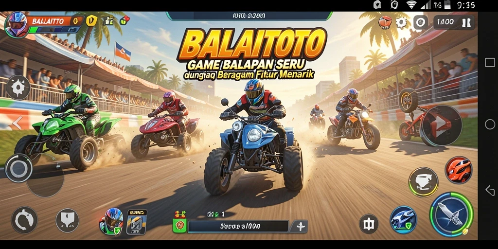 Tampilan gameplay BALAITOTO yang seru dengan mobil balap di lintasan.