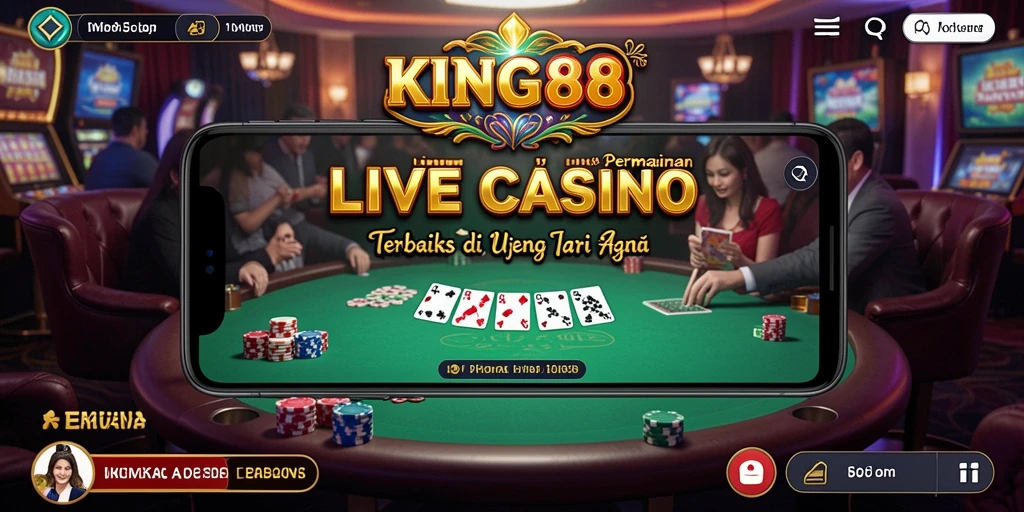 Screenshot gameplay <strong>KING88</strong> yang menampilkan dealer dan suasana kasino langsung.
