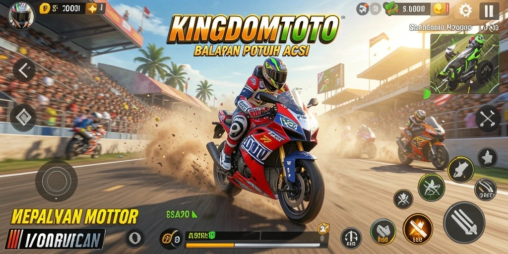 Screenshot KINGDOMTOTO menampilkan balapan motor yang mendebarkan di trek yang berwarna-warni.