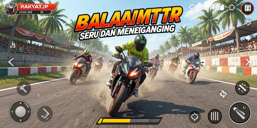 Screenshot RAKYATJP menampilkan aksi balapan motor yang intens.